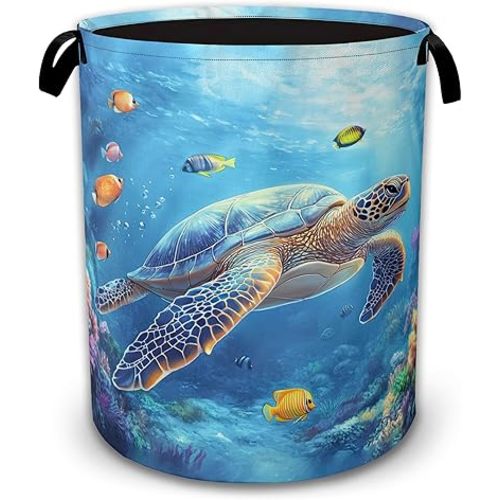 Laundry Hamper Foldable with Handles,Sea Turtle Oxford Cloth Basket,Fish Coral Colorful Large Capacity Storage Organizer for Bedroom Bathroom Dorm Room