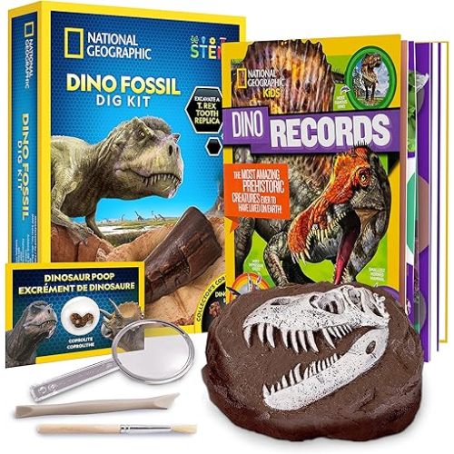 NATIONAL GEOGRAPHIC Dino Fossil Dig Kit & Dinosaur Book for Kids- Excavate a Replica Dinosaur Tooth Fossil and Study Paleontology with a Full-Color Dinosaur Activity Book for Kids (Amazon Exclusive)