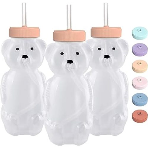 Honey Bear Straw Cups for Babies 3 pack, 8oz honeybear straw cup with improved safety lid design, Straw learning therapy cup. Leak-Proof & Food-Grade & BPA Free (PURPLE)