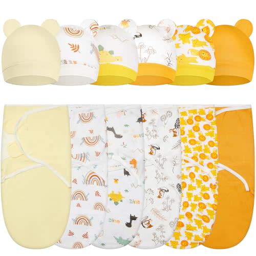 ramede 6 Pack Baby Swaddle Blanket with Hats Set for 0-3 Months Preemie Newborn Sacks Soft Cotton Wearable for Baby Boy and Girl (Yellow,Rainbow)