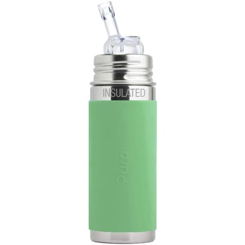 Pura Kiki 9oz/260 ml Stainless Steel Insulated Bottle w/Silicone Straw & Sleeve, 100% Plastic-Free, MadeSafe Certified, 100% Medical-Grade Silicone Straw for Kids, Toddlers, Babies & Infant - New Moss