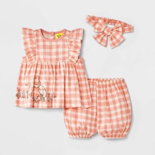 Baby Girls' 3pc Disney Winnie the Pooh Collection Gingham Shirt & Bloomer Shorts Set with Headband - Pink 0-3M