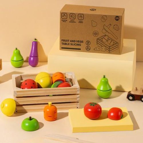 Freniland- Wooden Cutting Fruit and Vegetable Toy Set for 18M+ Toddlers,Pretend Play Food with Wooden Knife and Crate