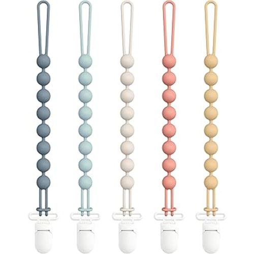 Cuddle Campus Silicone Pacifier Clip Holder with One Piece Design, Pack of 5 Soft Flexible Binky Clips for Baby Boy and Girl Set 1((3M+ Plastic Clip)