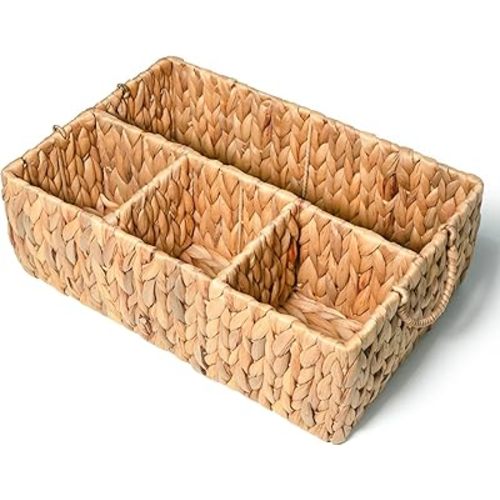 KOKODO Divided Storage Basket Woven Natural Basket Hyacinth for Organizing Bathroom Kitchen Shelves Office Supplies Organization Everyday Wicker Storage Baskets 4 Section Rectangular Tray