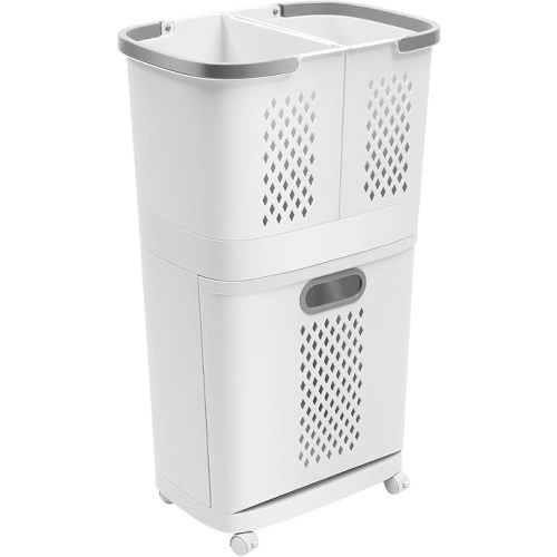 2-Tier Rolling Laundry Hampers, Space-Saving Removable Clothes Hamper Organizer, Modern Grey/White Rolling Storage Cart for Bedroom, Laundry Room, Bathroom