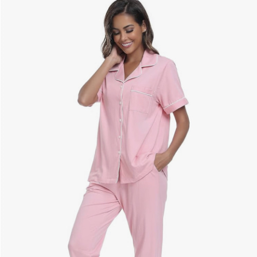 COLORFULLEAF Women's 100% Cotton Pajama Set Button Down Short Sleeve Shirt and Long Pants Sleepwear Soft ladies Lounge Sets