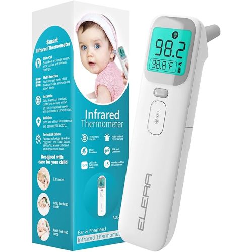 Elera Ear Thermometer for Kids, Baby Thermometer with Forehead and Ear Mode for Adults, Infant, Kids and Toddler, Touchless and 1 Second Reading with Fever Alarm and Mute Function, LCD