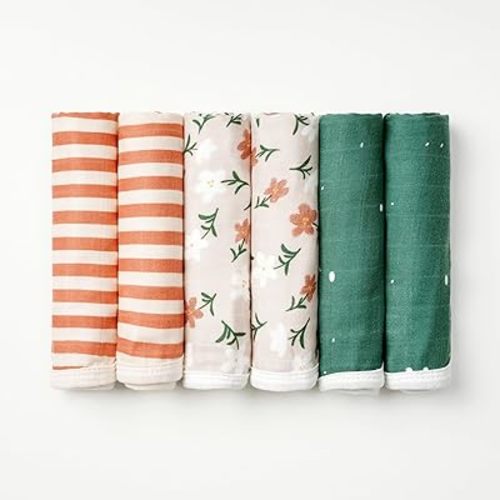 Nightingale Baby Washcloths, Organic Cotton Muslin with Bamboo Viscose - Soft Burp Cloths for Newborn Sensitive Skin - 12x12 Face or Baby Towel - Bath Baby Essentials - 6 Pack (Floral)