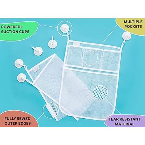 2 x Mesh Bath Toy Organizer + 8 Ultra Strong Hooks – The Perfect Bathtub Toy Holder & Bathroom or Shower Caddy – These Multi-use Net Bags Make Baby Bath Toy Storage Easy – For Kids & Toddlers