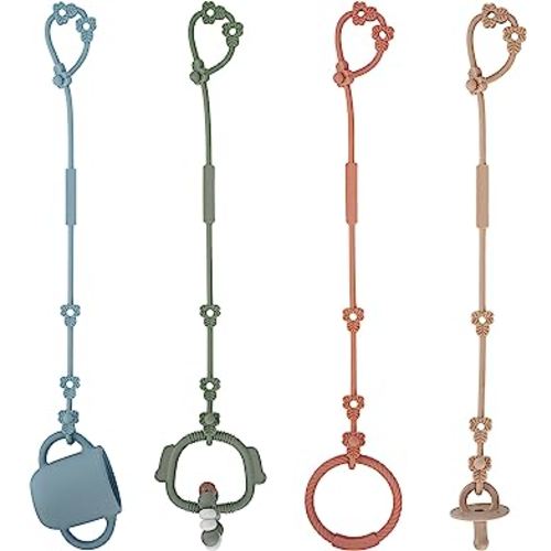 Toy Safety Straps, Silicone Pacifier Clips, Adjustable Stretchable Sippy Cup Straps for Strollers, High Chair, Cribs, Hanging Baskets, Car Seat, Shopping Trolley, 4 Pack, (Ether+Sage+Muted+Apricot)