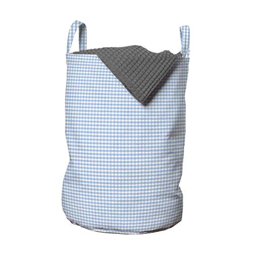 Ambesonne Checkered Laundry Bag, Little Squares and Stripes Pastel Color Gingham Repeating Rows Vintage Tile, Hamper Basket with Handles Drawstring Closure for Laundromats, 13" x 19", Light Blue