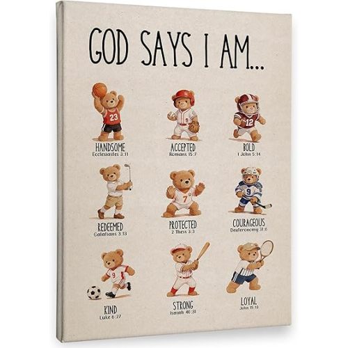 PHAMTE Spots Bear Nursery Christian Wall Art Decor Canvas 11x14, God Says I Am Pictures Decorations, Bible Verse Framed Prints Artwork for Kids Toddler Boy Nursery Room Bedroom Playroom Decor