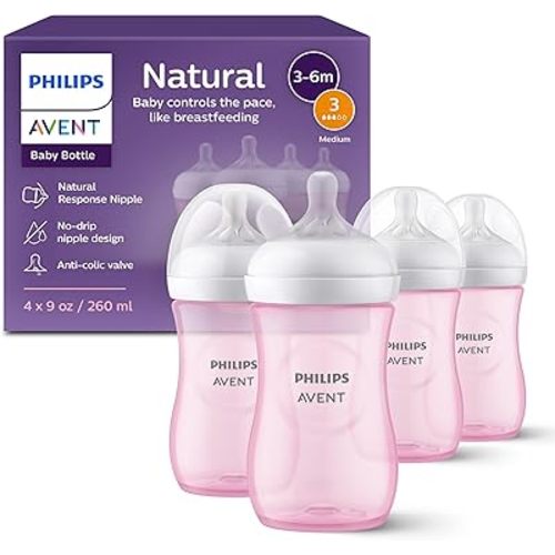 Philips Avent Natural Baby Bottles with Natural Response Nipples (Medium Flow, Flow 3), 9oz, Pink, 4-Pack, SCY903/14