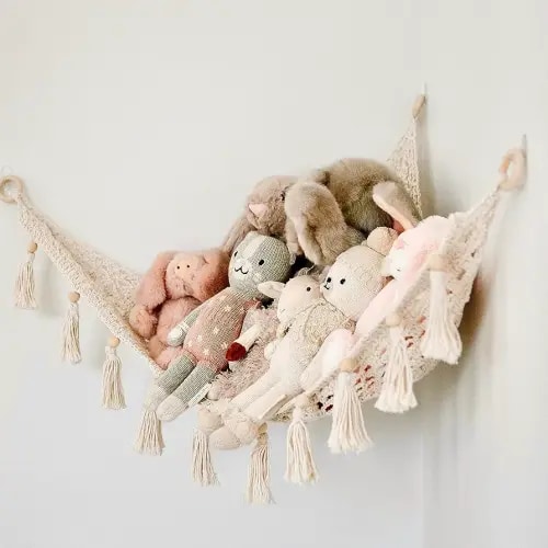 Sasa Baby and Toddler Macrame Hanging Net for Stuffed Toys - Corner Hammock Organizer for Plush Animals, Buttercream