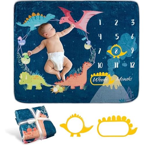 Whaline Baby Monthly Milestone Dinosaur Theme Blanket - Newborn Photography Prop, Flannel Nap Mat Backdrop With 2 Frames, Cartoon Growth Photo Mat for Girl Boy Shower Gift, 50 x 40
