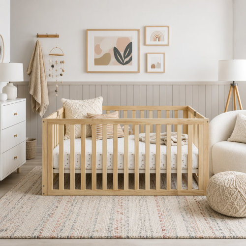 Trinx Floor Bed with High Fence Railings, Door, and Slats | Wayfair