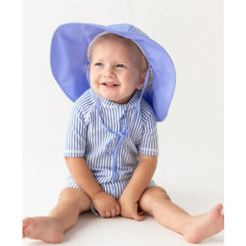Periwinkle Seersucker Short Sleeve One Piece Rash Guard & Periwinkle Sun Hat Set
