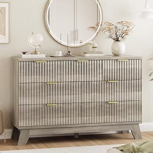 Fluted Dresser for Bedroom with 7 Drawers, 48" Wide Modern Chest of Drawers with Metal Handle, Wood Dresser TV Stand, Wooden Closet Clothes Storage Organizer for Living Room, Hallway, Grey
