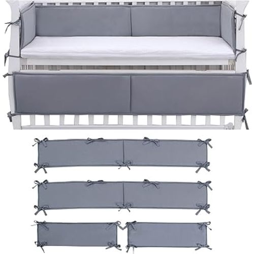 4 Pcs Padded Thick Breathable Mesh Liner for Side,Soft Surrounding Pads for Boys Girls Bedding Set (PW-Gray)