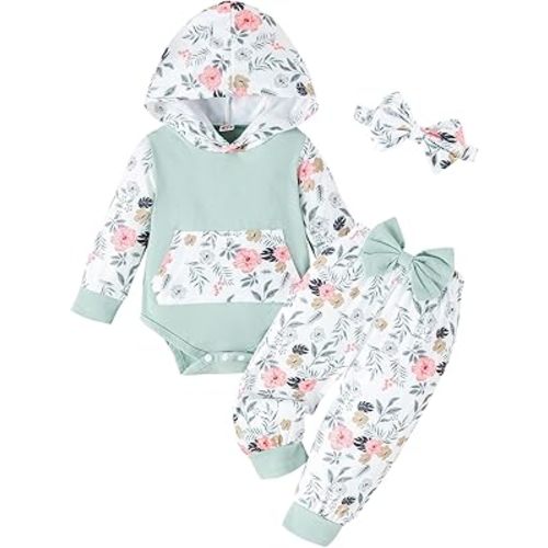 Newborn Infant Baby Girl Clothes 0-3-6-9-12-18 Months Outfits Sets Romper + Pants + Bow Headband for Girls