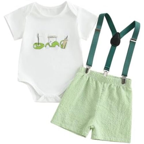 Baby Boys Tractor Outfit Toddler Summer Clothes Embroidery Romper + Suspender Plaid Shorts 2 Pieces Set