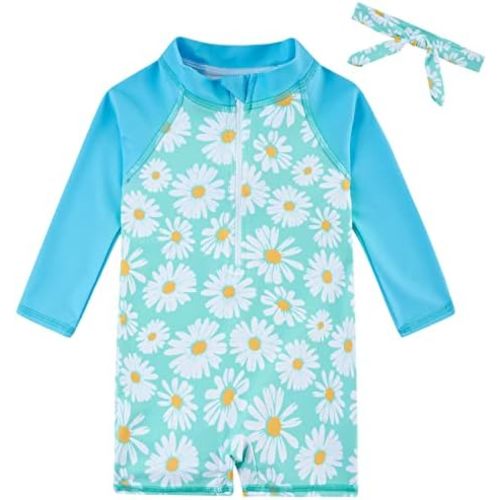 Toddler Baby Girls Swimsuit Long Sleeve Bathing Suit UPF 50+ Rash Guard One Piece Zipper Swimwear 6 Months-4 Years