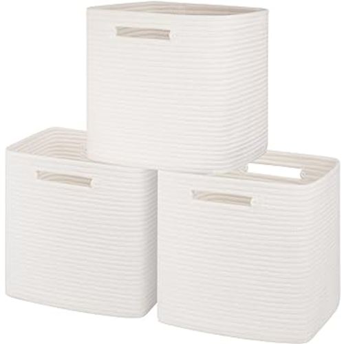 Storage Cubes Cotton Rope Woven Baskets for Organizing, 3-Pack 11 * 11 Inches Shelf Storage Basket|Cube Storage Bin|Square Baskets, Living Room, Baby Room-White