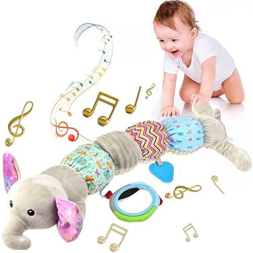 Baby Toys 0-12 Months, Musical Stuffed Animal Toys for 0-3-6-12 Months, Soft Sensory Caterpillar Toys with Crinkle and Rattles, Infant Tummy Time Toys Gifts for Newborn Boys Girls (Elephant)