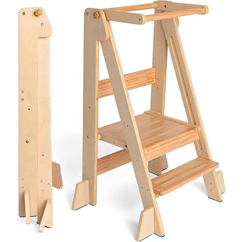 OCODILE Adjustable Foldable Toddler Tower – Folding Tower for Kids | Montessori Toddler Kitchen Step Stool Helper for Independence - Varnished