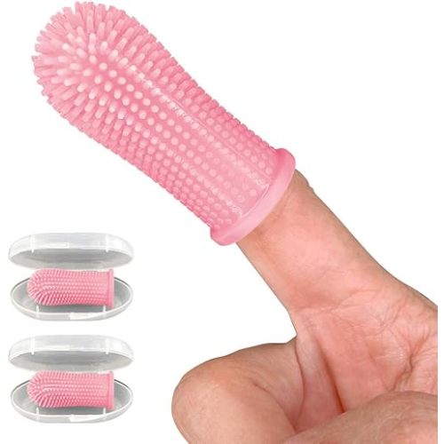 Baby Toothbrush, 360 Degree Bristle Silicone Finger Toothbrush 6 to 12 Months, and Toddler Toothbrushes 1-2, Set of 2 – Pink