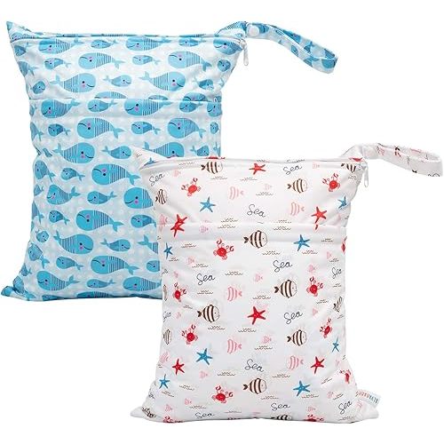 ALVABABY 2pcs Cloth Diaper Wet Dry Bags Waterproof Reusable with Two Zippered Pockets Travel Beach Pool Daycare Soiled Baby Items Yoga Gym Bag for Swimsuits or Wet Clothes LX-YK6163