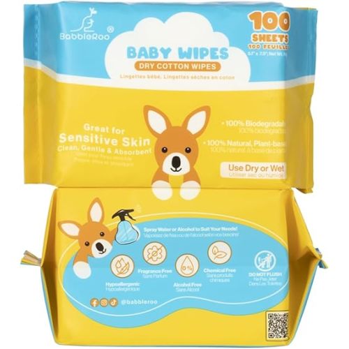BabbleRoo Dry Wipes for Baby - 100% Plant-Based Cotton Wipes, Hypoallergenic, Fragrance-Free, Chemical-Free – 200 Wipes