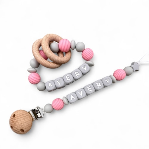 Personalized Pacifier Clips, Pink Collection, Avery Model – Liefie Clips