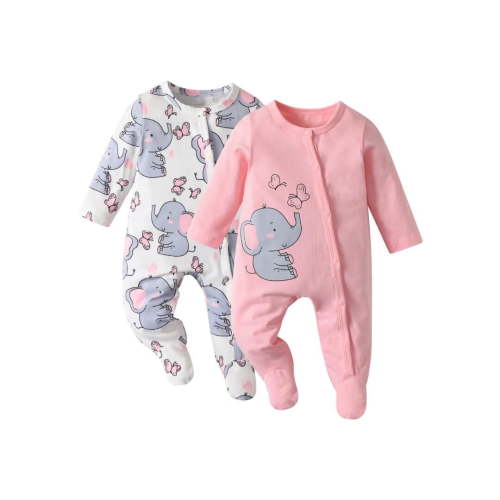 Newborn Baby Girl 2 Pack Long Sleeve Romper Clothes Cartoon Elephant Pattern Outfit Set Pink & White 0-3 Months