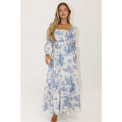 Emerson 100% Cotton Smocked Maxi Dress with Long Sleeves in Scenic Blue - Bump Friendly & Inclusive Sizing