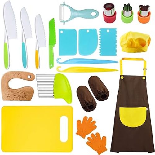 RISICULIS 21 Pieces Toddler Knife, Kids Knife Set Includes Wood Kids Safe Knife, Plastic Toddler Knife, Cutting Board, Apron, Chef Hat, Y Peeler, Crinkle Cutter, Cake Scraper, Gloves, Sandwich Cutter