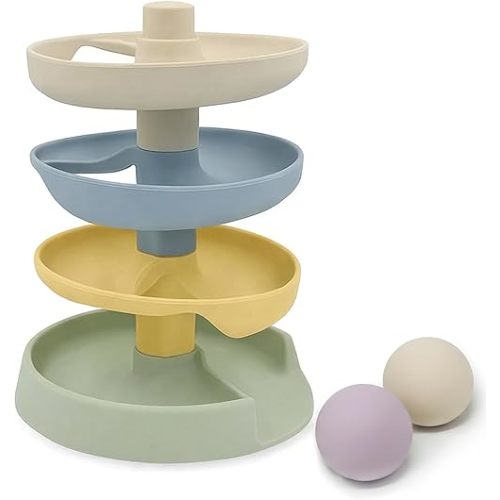 Little Rawr Silicone Ball Drop Tower Toy for Toddlers, 4-Tier Rolling Ramp Track with Wooden Balls, Soft Food-Grade Silicone Montessori Toy for Early Learning, Fine Motor Skill Development, Ages 1–3