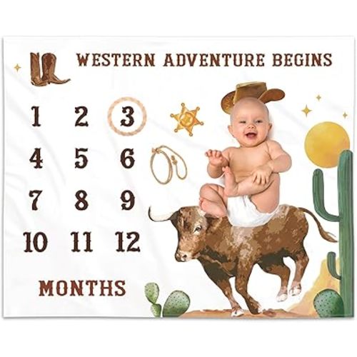 Cowboy Baby Monthly Milestone Blanket with Felt Lariat Frame Western Bull Theme Blankets for Toddler Photography Background Prop Cow Pattern Soft Mat Idea Decor