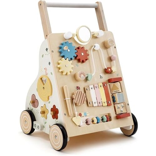 Wooden Baby Walker, Baby Push Walker for Boys and Girls 12 Months+, Adjustable Speed and Height Activity Walker, Montessori Push Toy for Toddler Learning to Walk