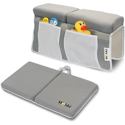 Baby Bath Kneeler and Elbow Rest Pad Set | 1.5" Thick Painless Memory Foam Knee Pad for Bathing Babies | 6 Suction Cups Non Slip Bathtub Kneeling pad with Toy Storage | Foldable & Quick Drying-Grey
