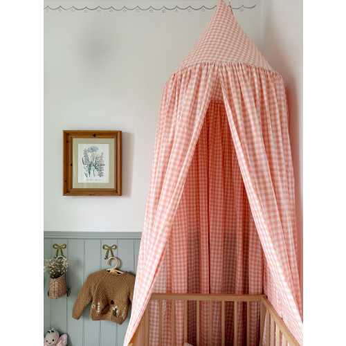 Gingham Bed Canopy - Coral Pink - Neutral Checkered Canopy - Crib Canopy for Kids -Teepee Tent Den Playroom - Childrens room decoration