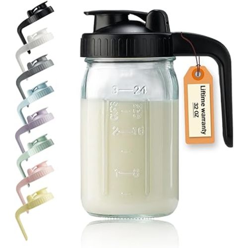 32oz Glass Pitcher with Lid & V-shaped Pour Spout - 1 Quart Breastmilk Pitcher Double Leak Proof, Creamer Container for Sun Tea, Juice, Cold Brew Coffee, Breastmilk Storage Container