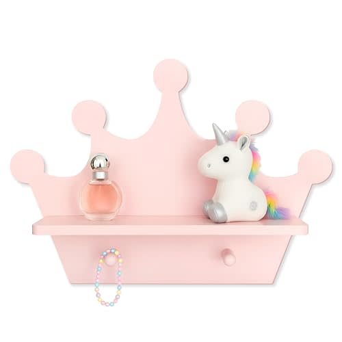 Pink Crown Floating Wall Shelf with Hooks, Girls Room Wall Decor Organizer | Pink wooden crown shelf for hair bows, headbands, jewelry and trinkets; princess room organizer for girls bedroom and vanity