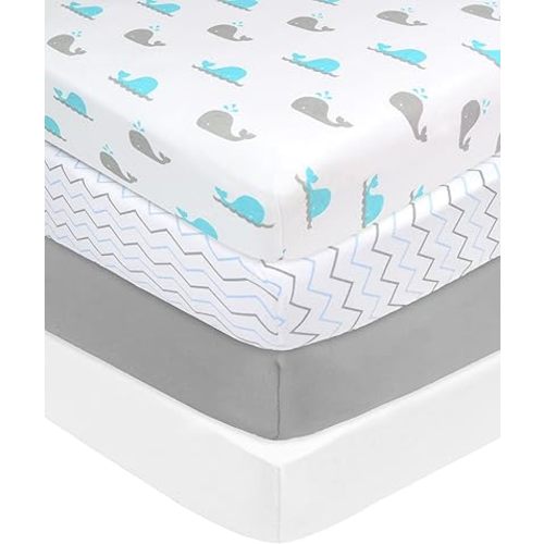 American Baby Company 4 Pack Fitted Crib Sheets 28" x 52", Soft Breathable Neutral 100% Cotton Jersey Sheet, Blue Zigzag/Aqua Whale/Gray/White, for Boys and Girls, Fits Crib and Toddler Bed mattresses