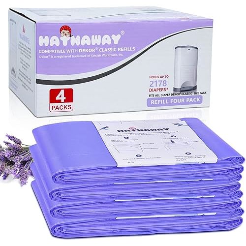 Diaper Pail Refill Compatible with Dekor Classic Bags 4 Pack with Lavender Scent Holds up to 2178 Diapers