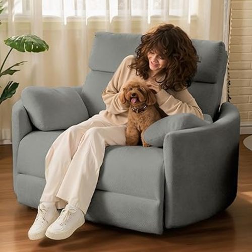 FLEXISPOT Mochi Oversized 54" Power Recliner Chair for Big and Tall Adults, Chenille Fabric Electric Recliner with USB & Type-C Ports, Wide Single Sofa with Pillow for Living Room Bedroom, Light Gray
