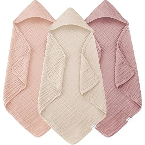 Muslin Hooded Baby Bath Towels - 3 Pack 100% Cotton Ultra-Soft Towels for Newborns, Infants, Toddlers - 32x32 Inch - Highly Absorbent, Quick-Dry Essentials for Bath Time, Beach, Pool, Neutral Series