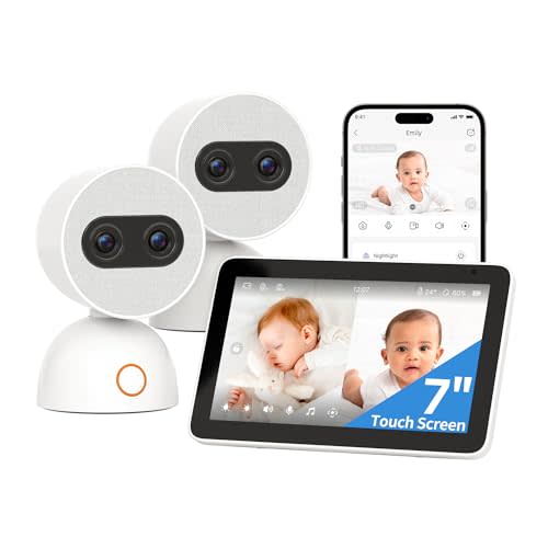 Simsky Split Screen Video Baby Monitor with 2 Cameras, 2× 4MP Resolution, 7" HD Touch Screen Smart Audio Baby Monitor, 6X Optical Quality Zoom, App Remote Access, 5200mAh Battery, 32GB Local Storage