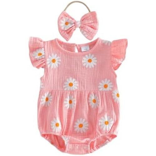 Newborn Baby Girl Clothes Ruffle Sleeve Solid Smocked Bubble Romper Jumpsuit Bow Headband Cute Summer Clothes